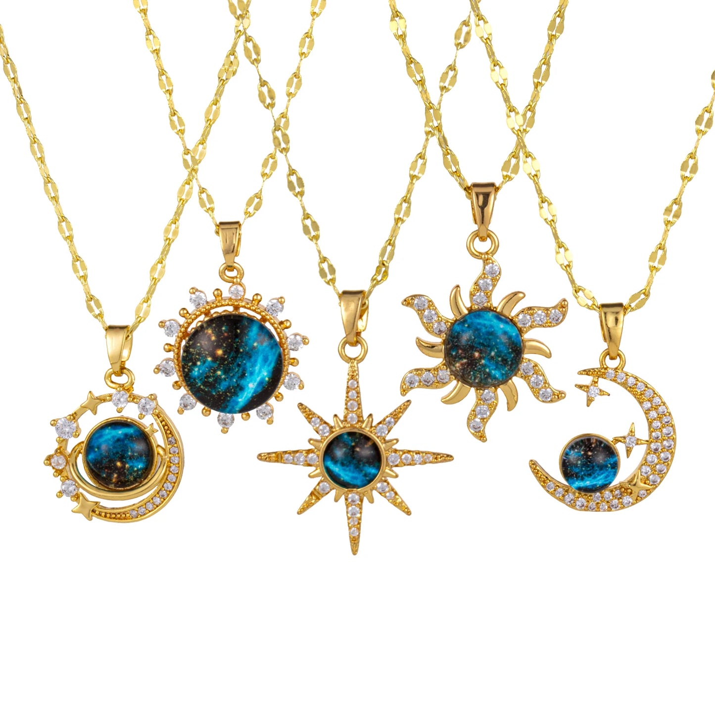 Exquisite Starry Sky Planet Necklace Zircon Galaxy 18K Real Gold Plated Brass & Glass Lips Chain Pendant Necklace For Women