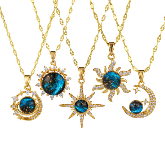 Exquisite Starry Sky Planet Necklace Zircon Galaxy 18K Real Gold Plated Brass & Glass Lips Chain Pendant Necklace For Women