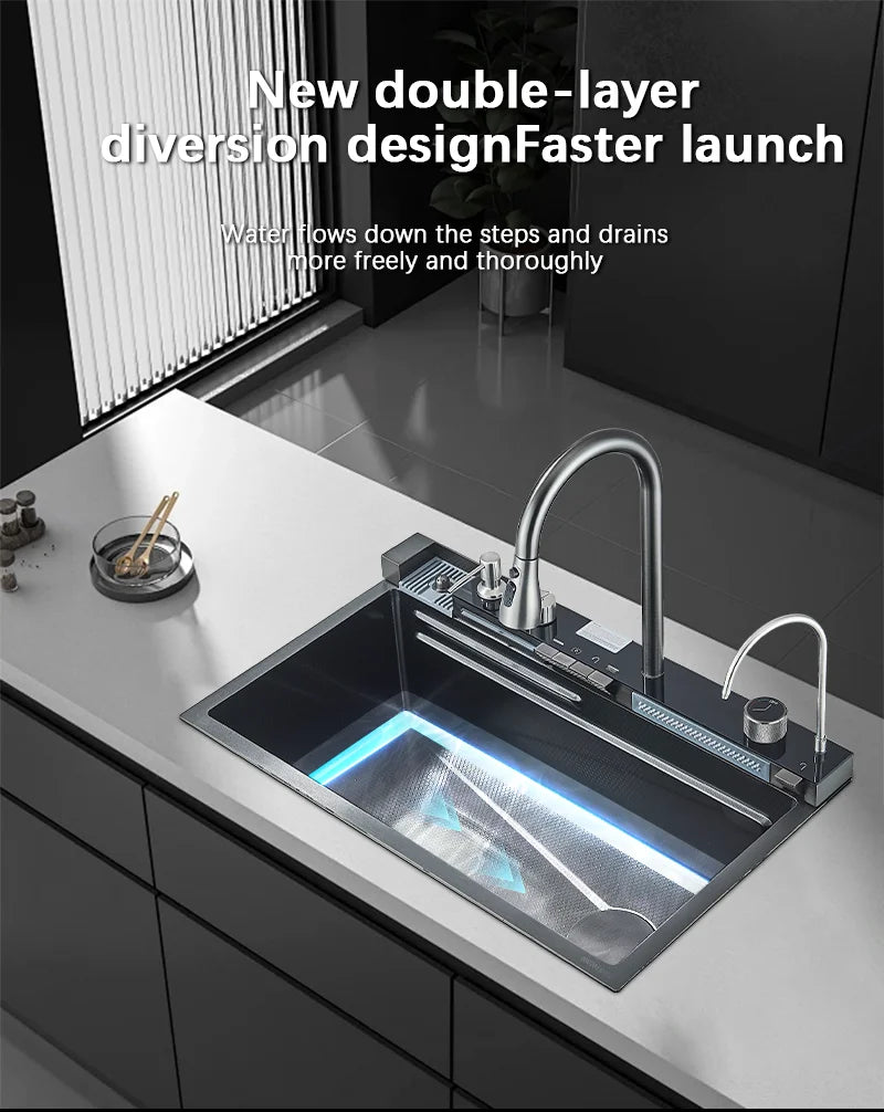 304 Stainless Steel Waterfall Kitchen Sink Large Single Slot Integrated Digital Display Faucet Set Soap Dispenser Cup Washer