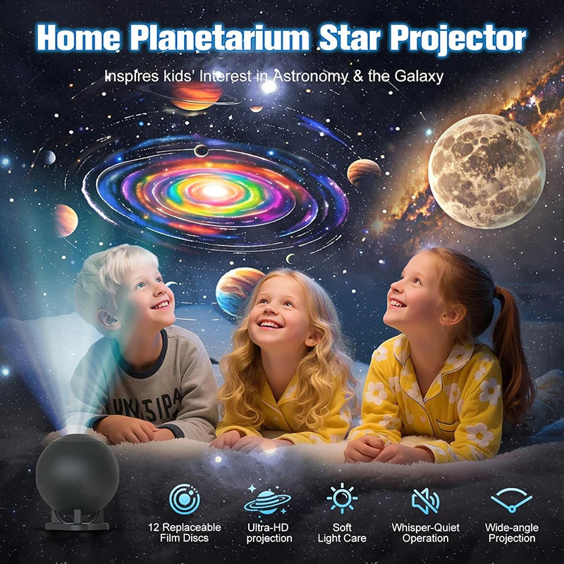 Galaxy Star Projector Night Light, 12 Film Discs, Ultra HD Projection, Whisper-Quiet, USB Powered, Auto Shut-Off