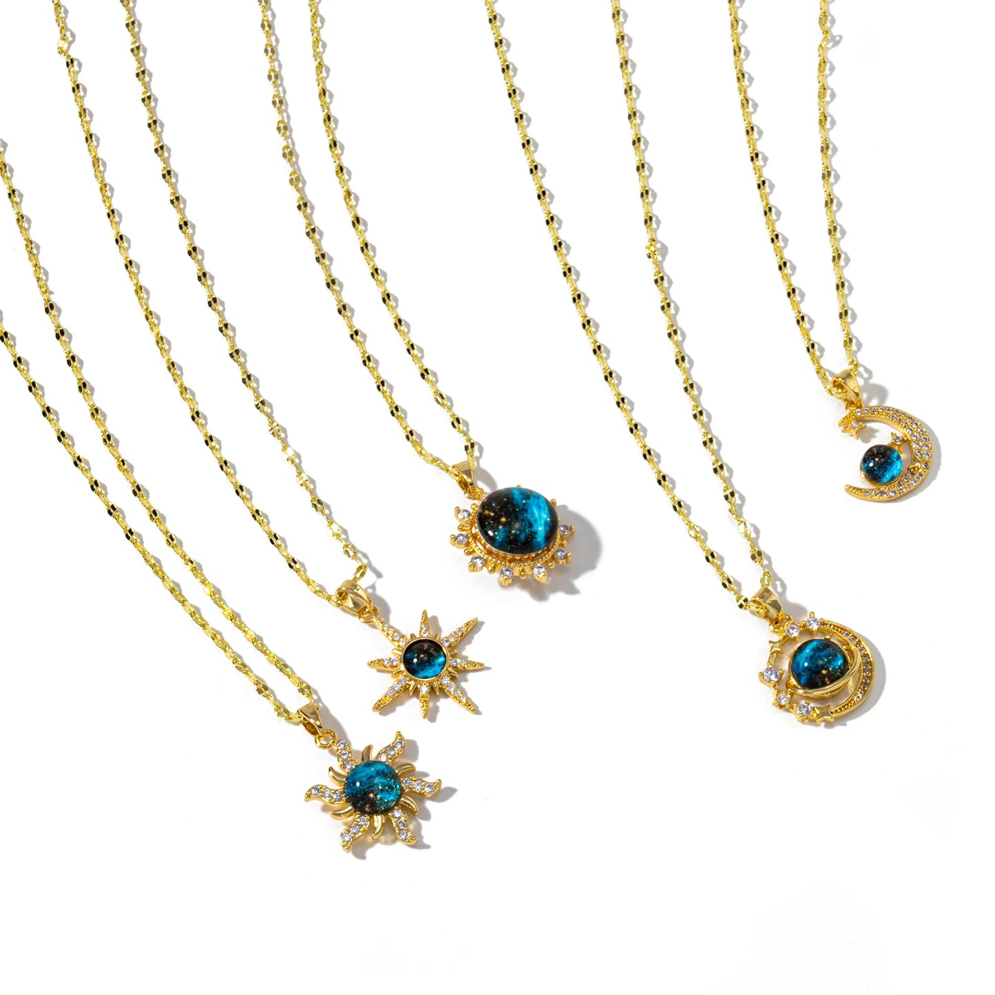 Exquisite Starry Sky Planet Necklace Zircon Galaxy 18K Real Gold Plated Brass & Glass Lips Chain Pendant Necklace For Women