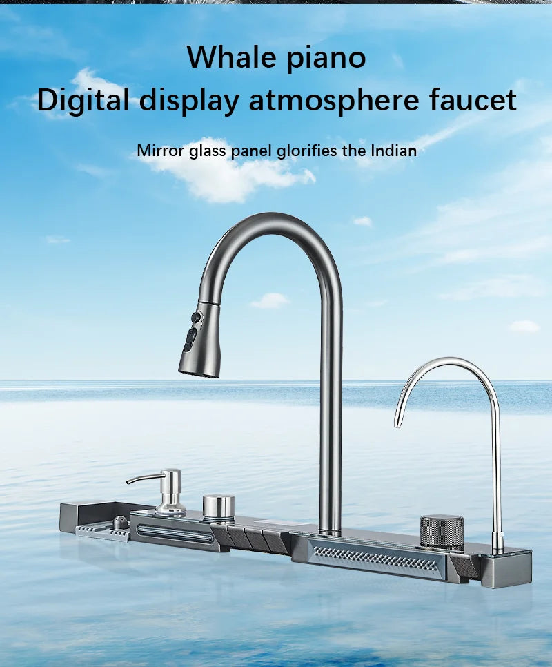 304 Stainless Steel Waterfall Kitchen Sink Large Single Slot Integrated Digital Display Faucet Set Soap Dispenser Cup Washer