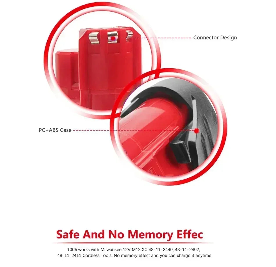 Replacement 12V Milwaukee M12 XC 3.0Ah Lithium-Ion Battery | Compatible with 48-11-2410, 48-11-2420, 48-11-2411 Cordless Tools