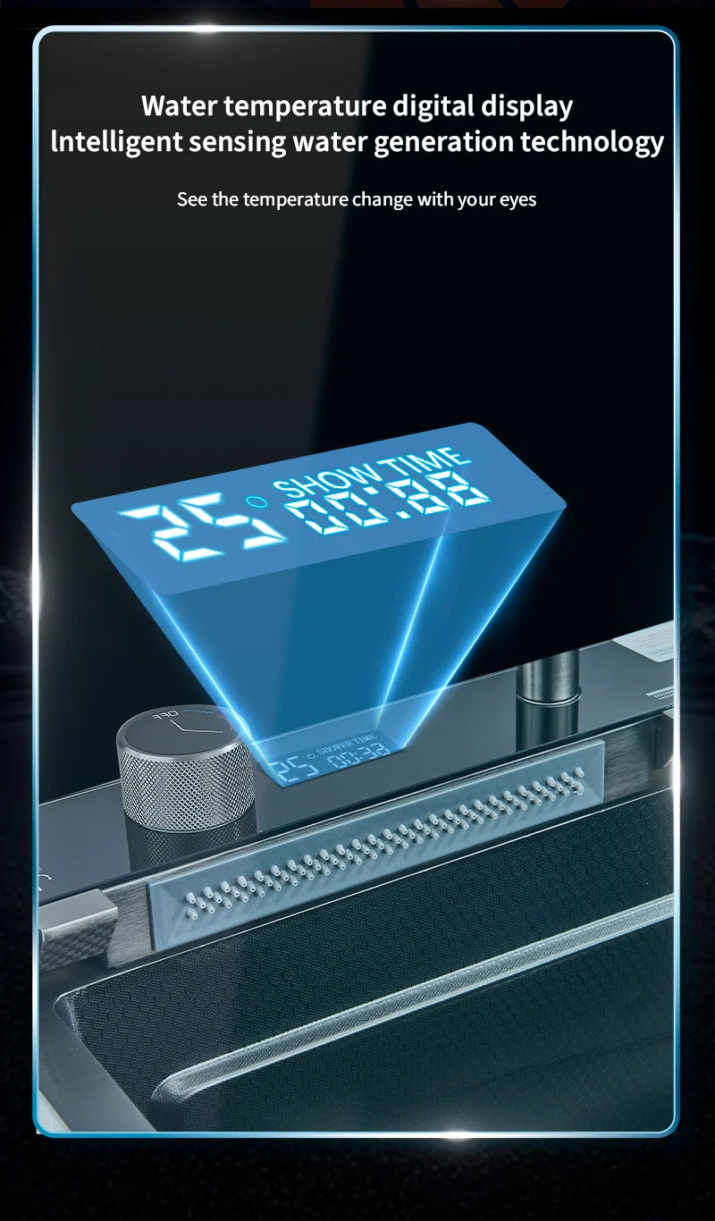 304 Stainless Steel Waterfall Kitchen Sink Large Single Slot Integrated Digital Display Faucet Set Soap Dispenser Cup Washer