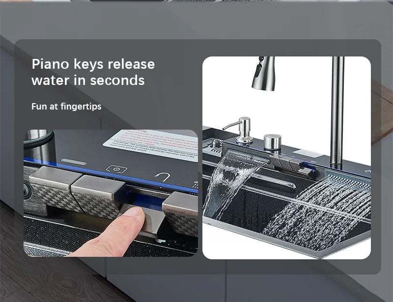 304 Stainless Steel Waterfall Kitchen Sink Large Single Slot Integrated Digital Display Faucet Set Soap Dispenser Cup Washer