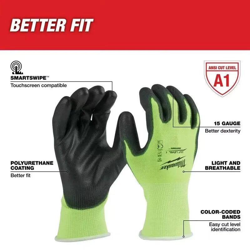 Milwaukee Hi-Vis ANSI A1 Cut Level 1 Polyurethane Work Gloves